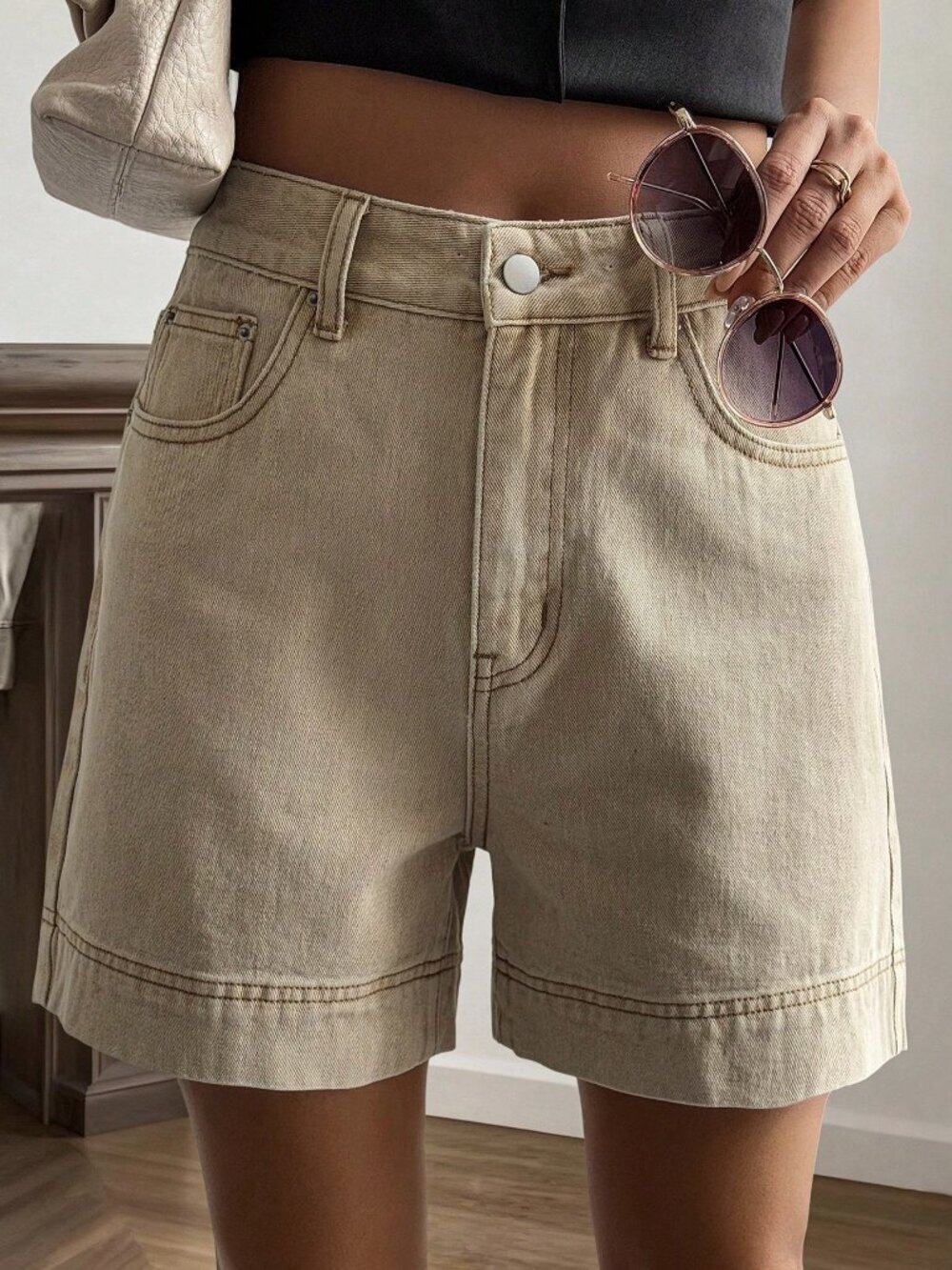Khaki Casual Women's High Waist Denim Jorts - Picture 6 of 7